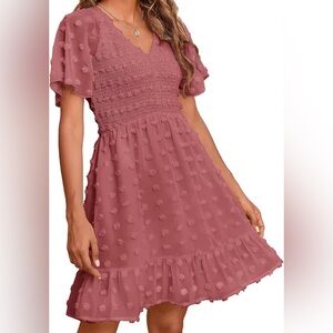 Women’s Textured Mini Dress for beach vacation - Short sleeve smocked Swiss dot